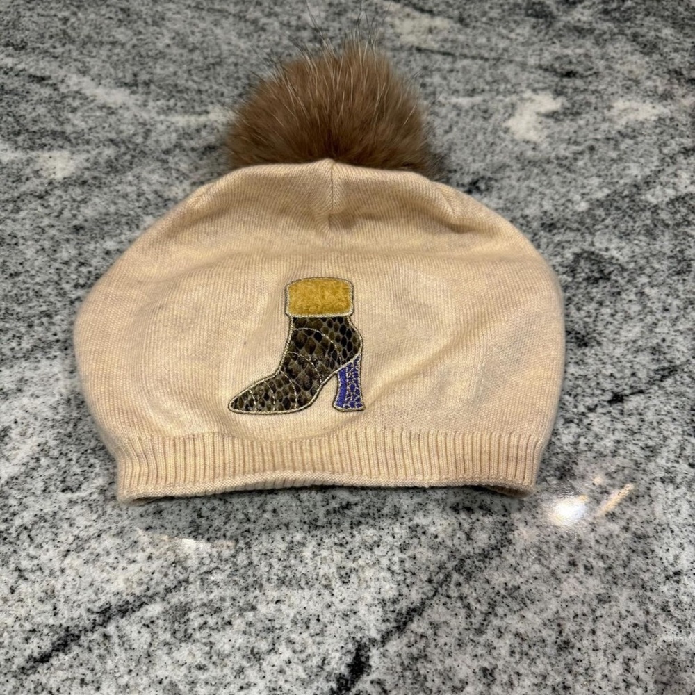 Price Firm New Custom Designed Tan Pom Beanie with Faux Leather Detailed Boot.